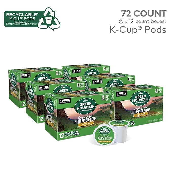 Green Mountain Coffee Ethiopia Supreme Keurig Single-Serve K Cup Pods, Light Roast Coffee, Ethiopia Supreme, 72 Count