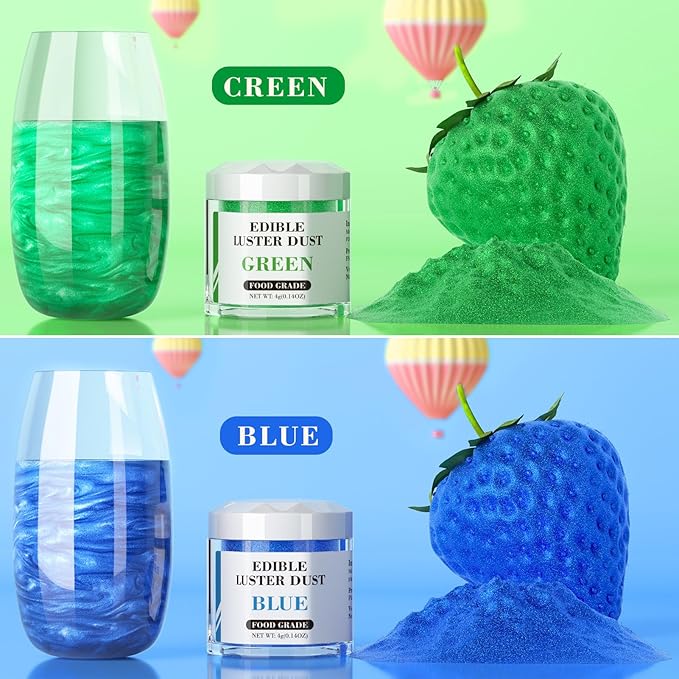 Luster Dust Edible Set - 2 Colors Food Grade Cake Dust Shimmer Powdered, Cherrysea Powder Food Coloring for Cocktails, Cookie Decorations, Cake, Drinks, Fondant, Candy - 4g/Bottle - Blue+Green