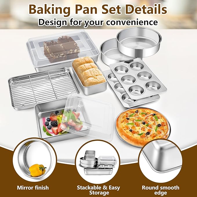 P&P CHEF Stainless Steel Bakeware Set, 12-Piece Kitchen Baking Pans Set, Baking Sheet with Rack, Square Cake Pan with Lid, Lasagna Pan, Loaf Pan, Muffin Pan, Pizza Tray & 2 Covers, Easily Clean