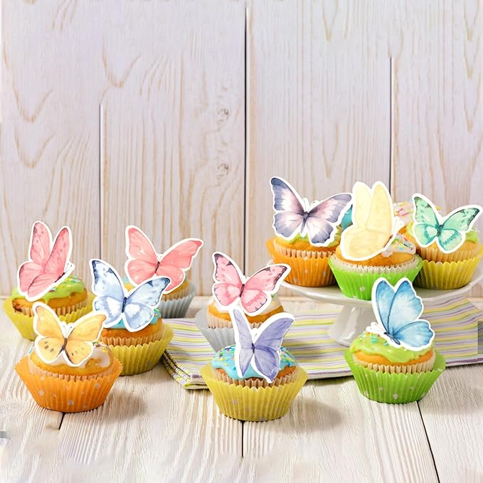 Rsstarxi 60 Pack Edible Butterfly Cupcake Toppers, Wafer Paper Butterfly Cake Decorations, Theme Birthday Party Decorations for Baby Shower Wedding Anniversary Party Decorations Supplies