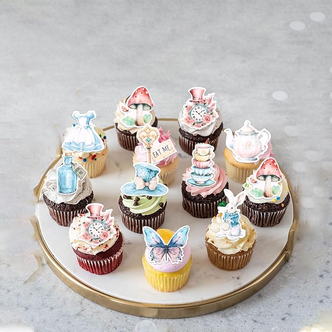 60 PCS Edible Alice in Wonderland Cupcake Toppers Tea Party Cake Decorations Edible Butterfly Flower Bowl Key Clock Eat Me Cupcake Picks for Tea Party Baby Shower Birthday Party Decorations Supplies
