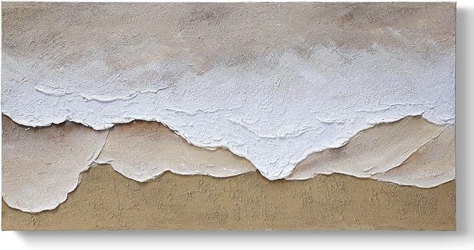 Artaanchuil Hand Painted Beach Waves Textured Wall Art - White and Brown Oil Painting 24x48 Inch Rectangle Large Moden Artwork for Living Room Horizontal Wall Decor