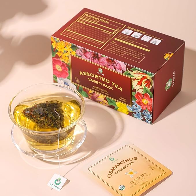 TEAFAY Assorted Tea Sampler – 9 Flavors, 18 Individually Wrapped Pyramid Tea Bags, 100% Natural, Handpicked, Whole Leaf,Great gift for tea lovers