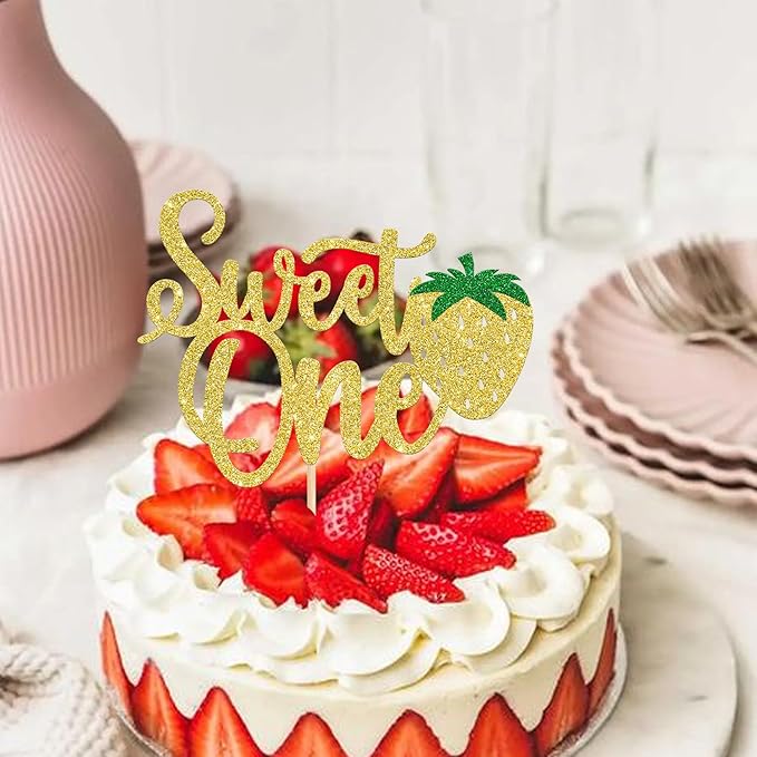 1 Pack Sweet One Cupcake Topper Glitter First Birthday Strawberry Cake Pick for Fruit Baby Shower 1st Birthday Berry Sweet Party Cake Decorations Supplies Gold