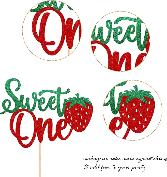 1 Pack Sweet One Cake Topper Glitter First Birthday Strawberry Cake Pick for Fruit Baby Shower 1st Birthday Berry Sweet Party Cake Decoration Supplies Green