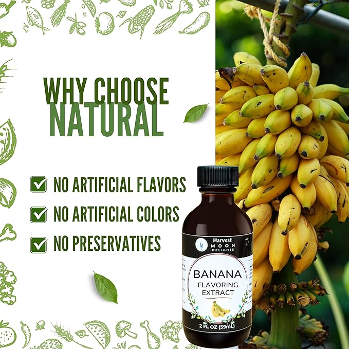Natural Banana Extract - 2 oz - Water-Soluble - By Harvest Moon Delights - Banana Extract for Baking, Ice Cream, Drinks, and Candy - Sugar Free