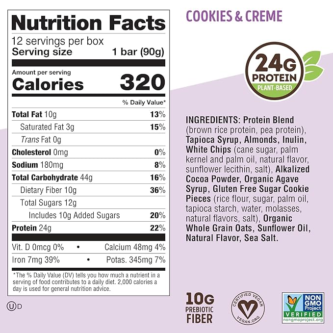 Lenny & Larry's Cookie-fied BIG BAR ??Cookies and Creme Vegan Protein Bars 12x90g ??Healthy Snacks, 24g Plant Protein & 10g Prebiotic Fiber ??Gluten free Power Bar, Keto Friendly & Vegan
