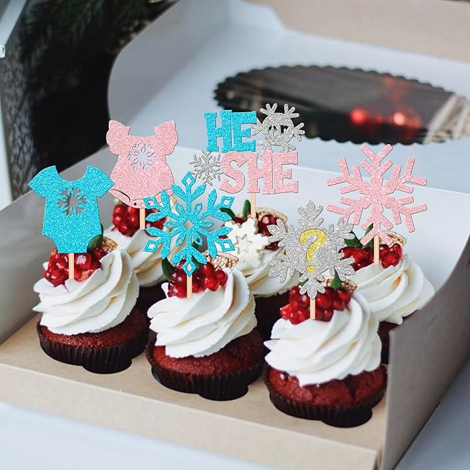 24 PCS Snowflake Gender Reveal Cupcake Toppers Pink Blue Glitter He or She Snowflake Cupcake Picks Boy or Girl Cake Decorations for Gender Reveal Theme Baby Shower Kids Birthday Party Supplies