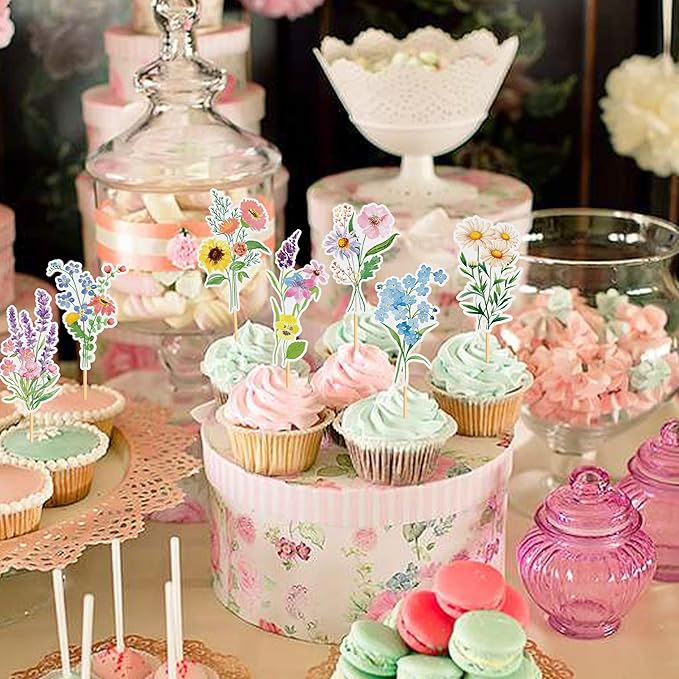 24Pcs Wildflower Cupcake Toppers Wildflower Birthday Party Decorations Picks Girl Birthday Theme Cake Decorations for Baby Shower Party Supplies Anniversary Party Decorations Supplies