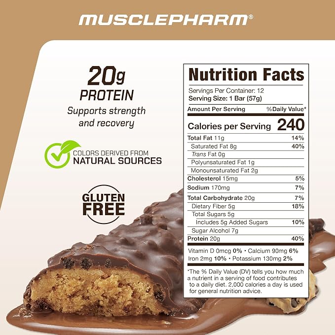 MusclePharm Combat Sport Bar, Chocolate Chip Cookie Dough, High Protein Bars, Combat Cravings, Fuel Performance & Meet Energy Demands, 20g Protein from Whey Protein, 5g Fiber, Gluten Free, 12 Bars