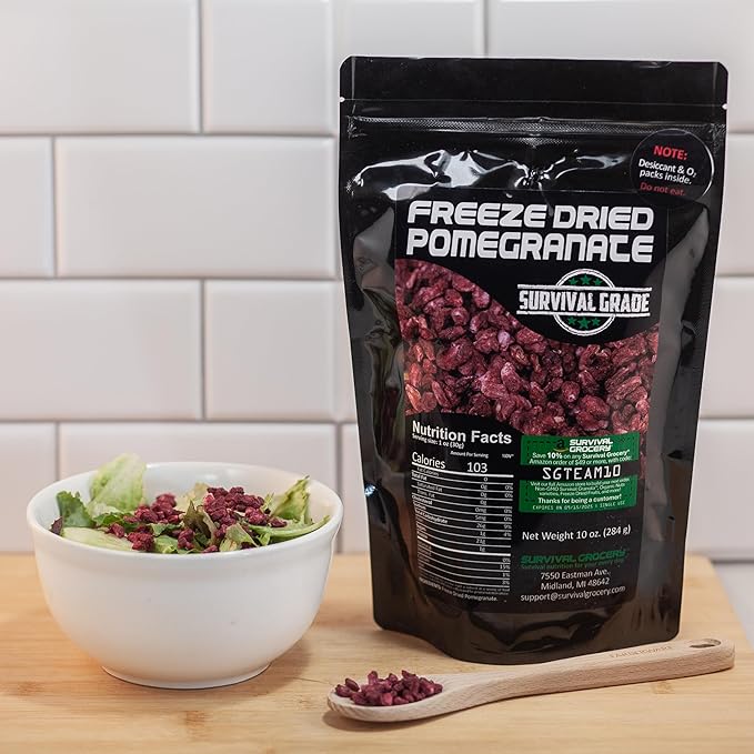 Survival Grocery짰 Freeze Dried Pomegranate Seeds/Arils ??No Sugar Added, No Preservatives, Rich in Antioxidants & Vitamin C ??Ideal for Oatmeal, Smoothies, Granola or Snacking (10 oz./1 Bag)