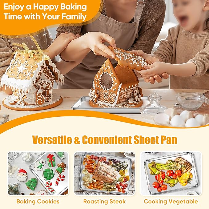 Homikit 2 Pack Baking Sheet, 9 x 13 Inches Stainless Steel Quarter Sheet Pan Set for Baking Cooking Toasting, Metal Cookie Tray Fits Toaster Oven, Non Stick & Rust Free, Dishwasher Safe