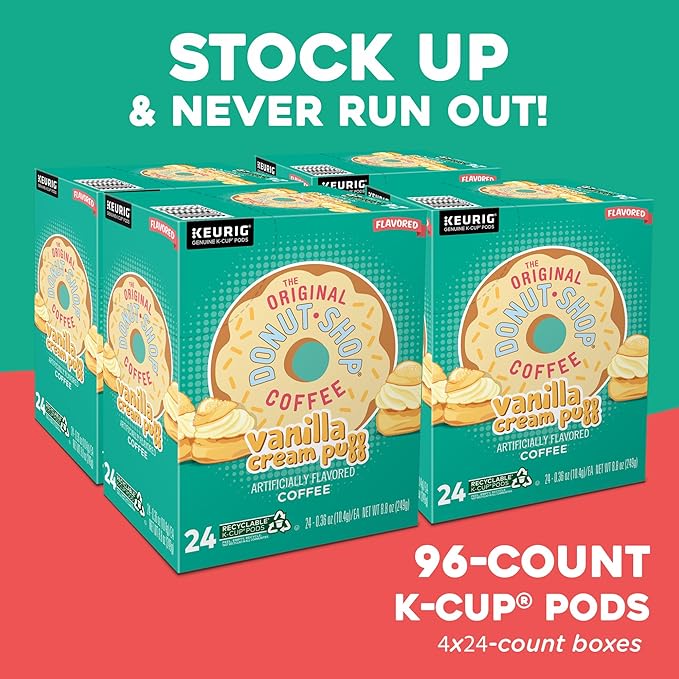 The Original Donut Shop Vanilla Cream Puff Coffee, Keurig Single Serve K-Cup Pods, Medium Roast, 96 Count