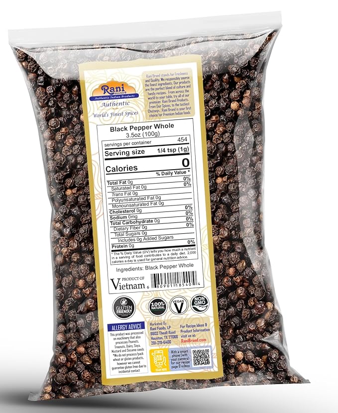 Rani Black Pepper Whole (Peppercorns), Premium MG-1 Grade 3.5oz (100g) ~ All Natural | Gluten Friendly | Non-GMO | Kosher | Product of Vietnam | Perfect size for Grinders!