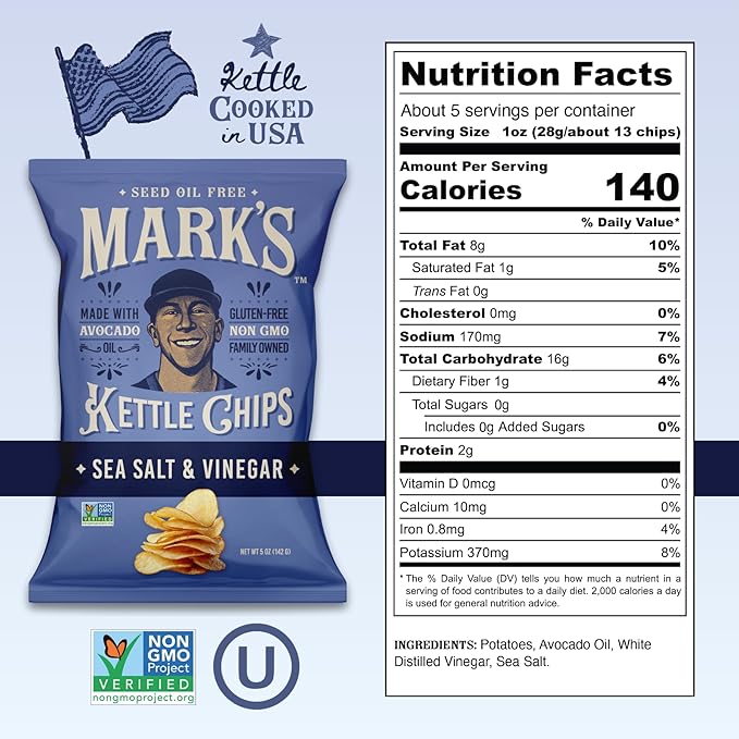 MARK???Kettle Cooked Avocado Oil Potato Chips, Sea Salt & Vinegar ??Seed Oil & GMO Free | Sea Salt and Vinegar, 5 oz (Pack of 3) | Gluten Free, Non-GMO, Chips for Clean & Healthy Snacking
