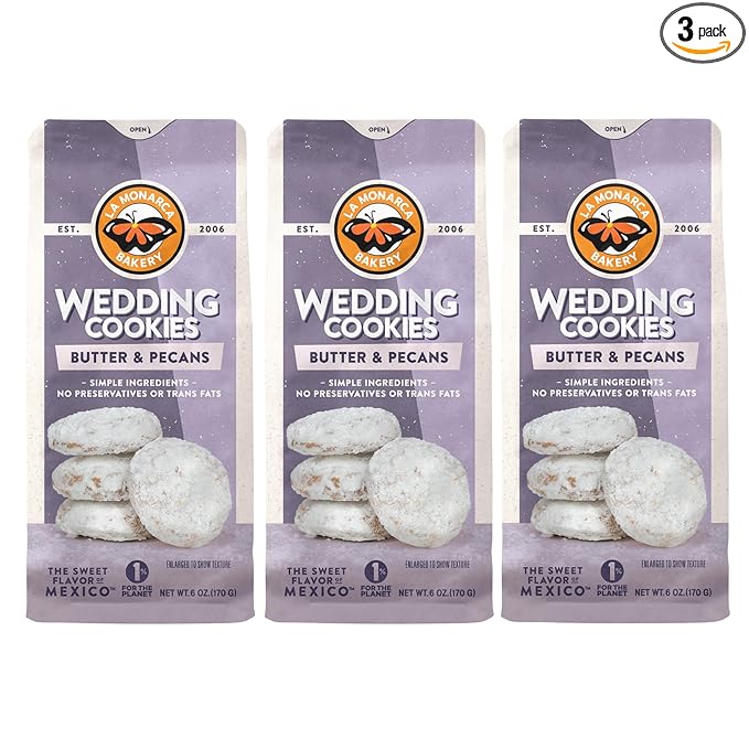 Mexican Wedding Cookies, 6 Ounce (Pack of 3), Buttery Cookies with Pecans and Dusted with Powdered Sugar by La Monarca Bakery