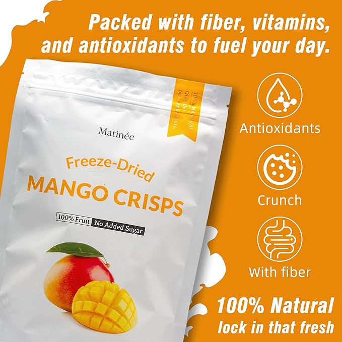 MATINÉE Freeze Dried Mangoes, Dehydrated Fruit, Dried Fruit Snack for Baking, Yogurt & Kids Treats-Vegan, Non-GMO, Preservative Free, 1.2oz, 34g (Pack of 4 Bag)