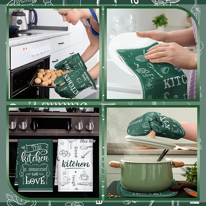 Bencailor 12 Pcs Farmhouse Kitchen Decor Sets, 8 Green Kitchen Dish Towels 2 Pot Holders 2 Oven Mitts Glove, Rustic Hand Towels and Dishcloths Sets for Home Decorations Accessories Christmas Mom Gifts