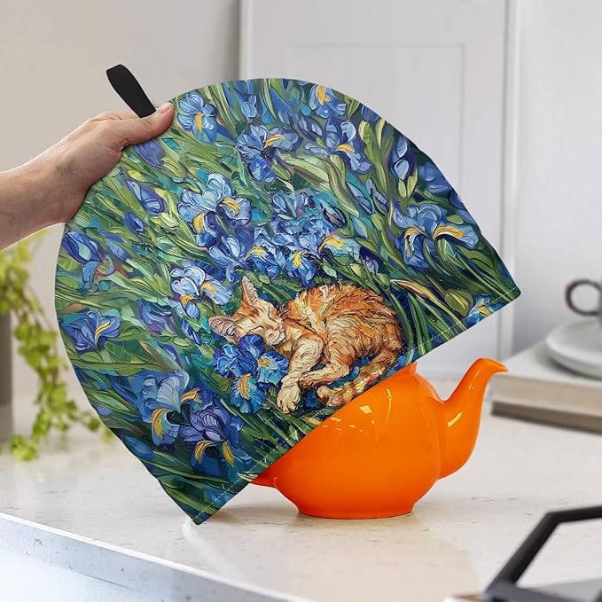 Cute Iris Cat Tea Cosy for Teapot with Handle Kitchen Kettle Dust Cover for Keeping Warm Machine Washable Tea Cosy Fabric Quilted Padding