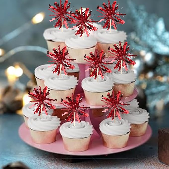 Rsstarxi 30 Pack Red Foil Firework Cupcake Toppers Red Sparkle Tinsel Drink Cake Decorations Cocktail Food Toothpicks for Happy Valentine's Day Birthday Wedding Graduation Party Decorations