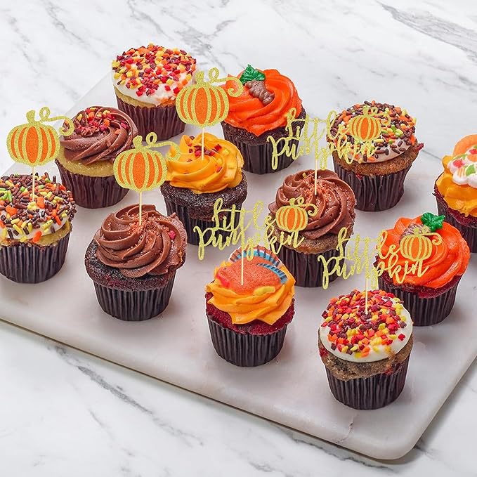 24Pcs Little Pumpkin Cupcake Toppers Fall Pumpkin Cupcake Picks for Thanksgiving Halloween Baby Shower Kids Birthday Party Cake Decorations Supplies - Gold Orange Glitter