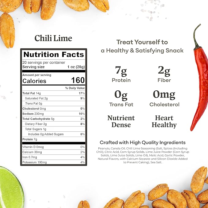 Belmont Peanuts Gourmet Chili Lime Virginia Peanuts, 20 oz (1 Pack) ??Simple Ingredients, No Preservatives, 7g Protein ??A Premium, Citrusy, Spicy, Salty, Crunchy, Hand Seasoned Snack