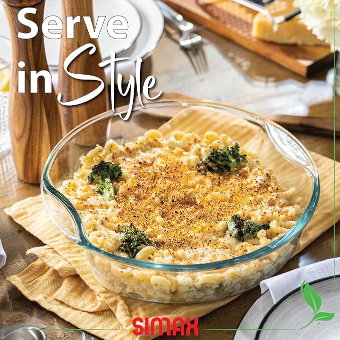 Simax Casserole Dish For Oven: Round Glass Casserole Set With Lids,1 Glass and 1 Plastic Cover ??Clear Baking Pan,Borosilicate Glassware,2.5 Quart Capacity Plus 1.5 Quart Lid