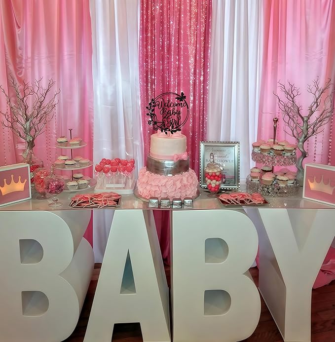 Welcome Baby Girl Cake Topper - Black Glitter Baby Shower Cake Decorations, Baby Girl Cake Decor, for Baby Shower/Birthday Party/Gender Reveal Party Photo Booth Props