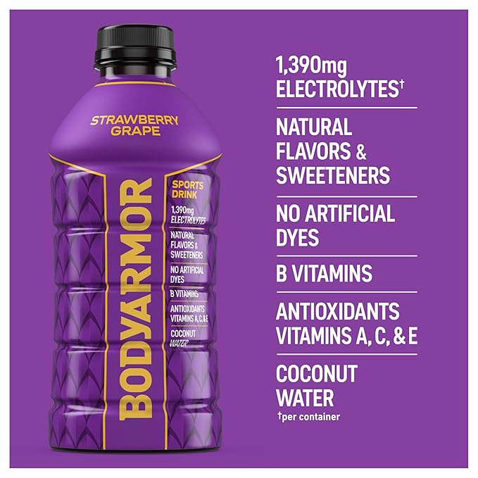 BODYARMOR Sports Drink Sports Beverage, Strawberry Grape, Coconut Water Hydration, Natural Flavors With Vitamins, Potassium-Packed Electrolytes, Perfect For Athletes, 28 Fl Oz (Pack of 15)
