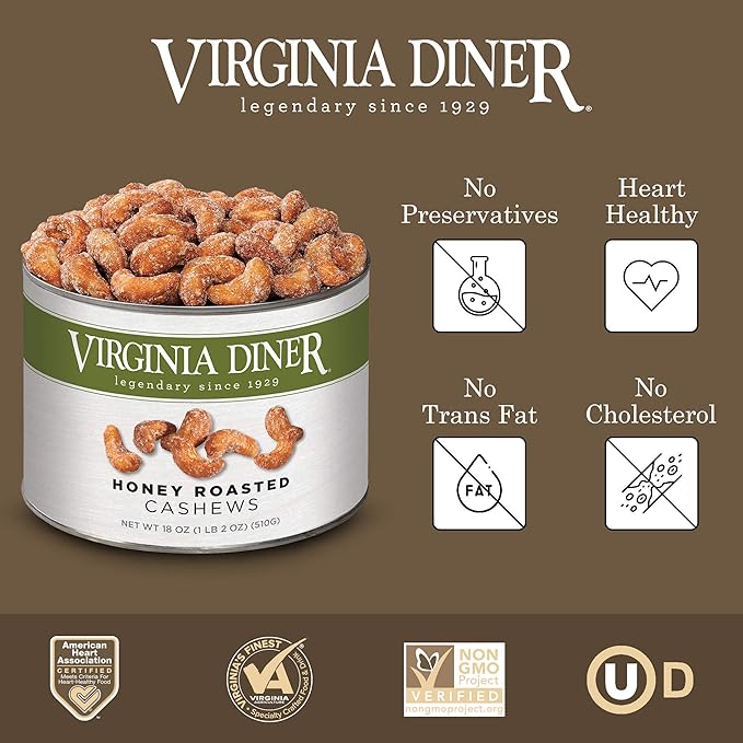 Virginia Diner Honey Roasted Cashew - Jumbo Honey Roasted Gourmet Cashews Gift Tin Non-GMO, Preservative Free Gifts from Virginia Since 1929-18 Oz Can
