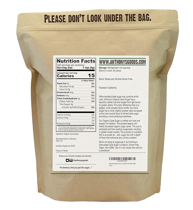 Anthony's Organic Cane Sugar, 3 lb, Granulated, Gluten Free & Non GMO