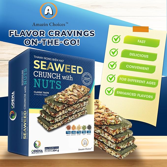 Seaweed Crunch with Nuts Classic Taste??Amazin Choices Vegan Snack Bars with Cashews, Almonds & Pumpkin Seeds ??Premium Asian Chips ??Seaweed Sheets ??Sandwich Seaweed ??Variety Pack
