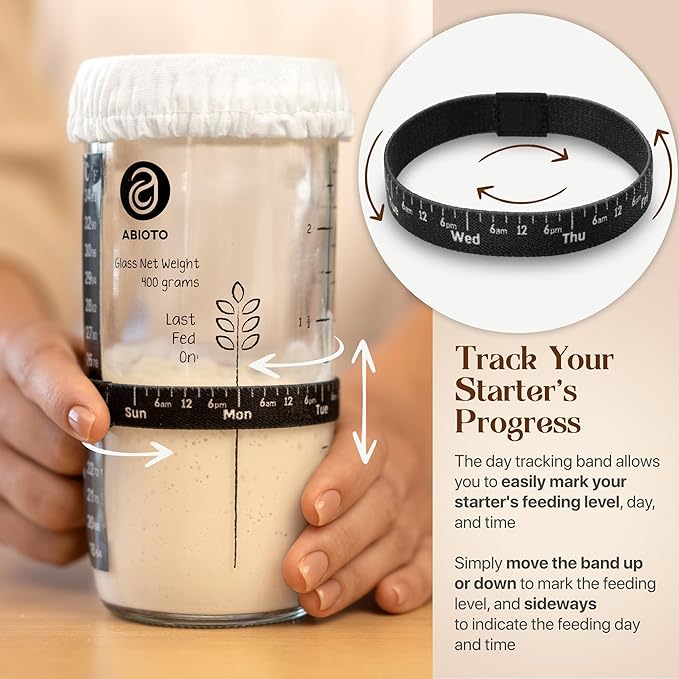 Sourdough Jar Kit, Includes 24 oz Sourdough Starter Jar with Metallic Lid, Silicone Spatula, Feeding Tracker, Extra Thermometer Strips & Breathable Covers ??Sourdough Bread Starter Kit
