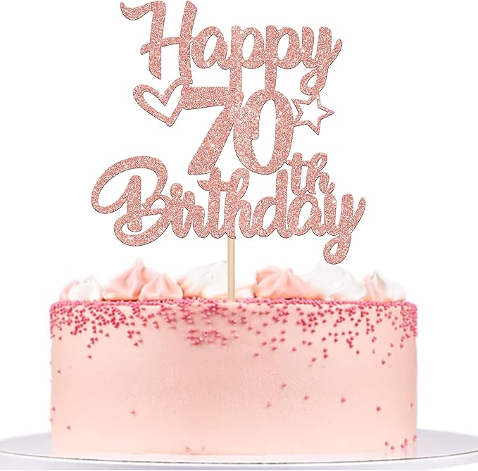1 Pack Happy 70th Birthday Cake Topper Glitter Heart Star 70 Fabulous Cake Pick Birthday Sign Cake Decorations for Children 70th Birthday Theme Party Supplies Rose Gold