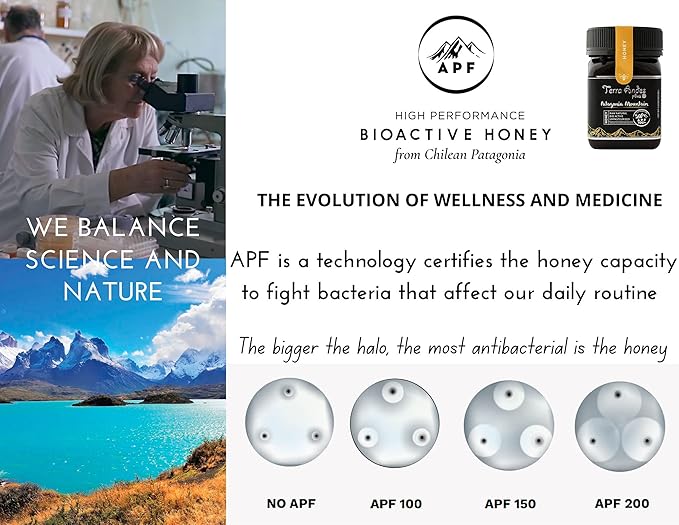 Patagonia Mountain Honey APF 100+ by TERRA ANDES PLUS | Raw natural organic honey. Highest bioactive grade. Made in Chilean Patagonia. 100% pure. NON Gmo. Awarded worldwide. Unfiltered Honey, 8.8 oz