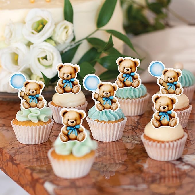 40 PCS Edible Baby Shower Bear Cupcake Toppers Drink Topper Selection Baby Bear Theme Baby Shower Decorative Supplies Jungle Animal Theme Birthday Party Cake Decorative Supplies Blue