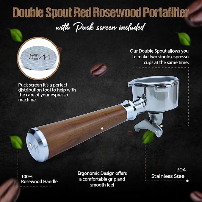 54mm Espresso Double Spout Portafilter 3 Ears Red Rosewood Handle compatible with Breville espresso machines Includes Stainless Steel 18g Filter Basket & 1.7mm Puck Screen (54mm Red Double Spout)
