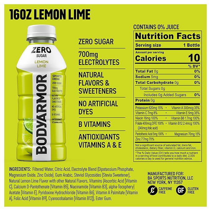 BODYARMOR ZERO Sugar Lemon Lime, Sugar Free Sports Drink - Low-Calorie Hydration - Natural Flavors with Potassium Packed Electrolytes, Antioxidants, and B-vitamins, 16 fl oz (pack of 12)