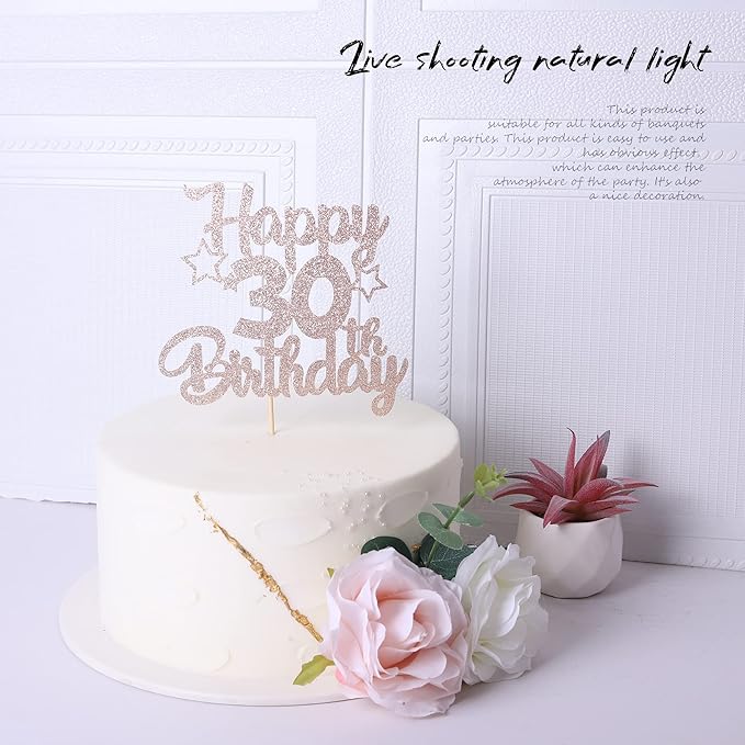 1 Pack Happy 30th Birthday Cake Topper Glitter Heart Star 30 Fabulous Cake Pick Birthday Sign Cake Decorations for 30th Birthday Theme Party Supplies Rose Gold