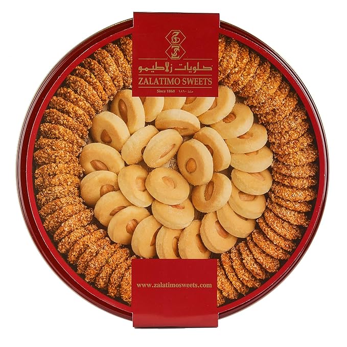 Zalatimo Sweets Since 1860, 100% All-Natural Sesame & Butter Shortbread Cookies, Round Gift Tin, Slightly Sweet Cookies with No Preservatives, No Additives, No Corn Starch, No Syrups! 1.65Lbs