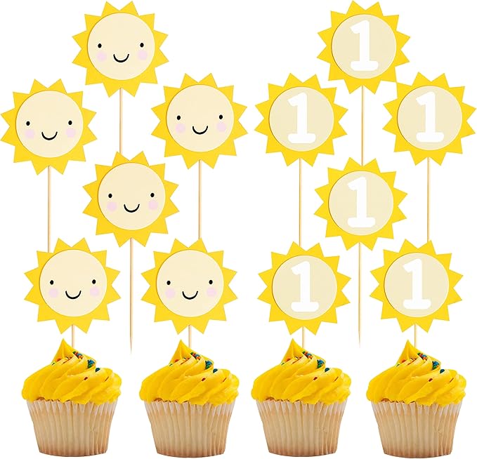 12pcs Sunflower 1st Birthday Cupcake Toppers,You Are My Sunshine First Birthday Decoration, Sunflower Themed One Birthday Party Cupcake Toppers, Prop Photo Prop Decoration