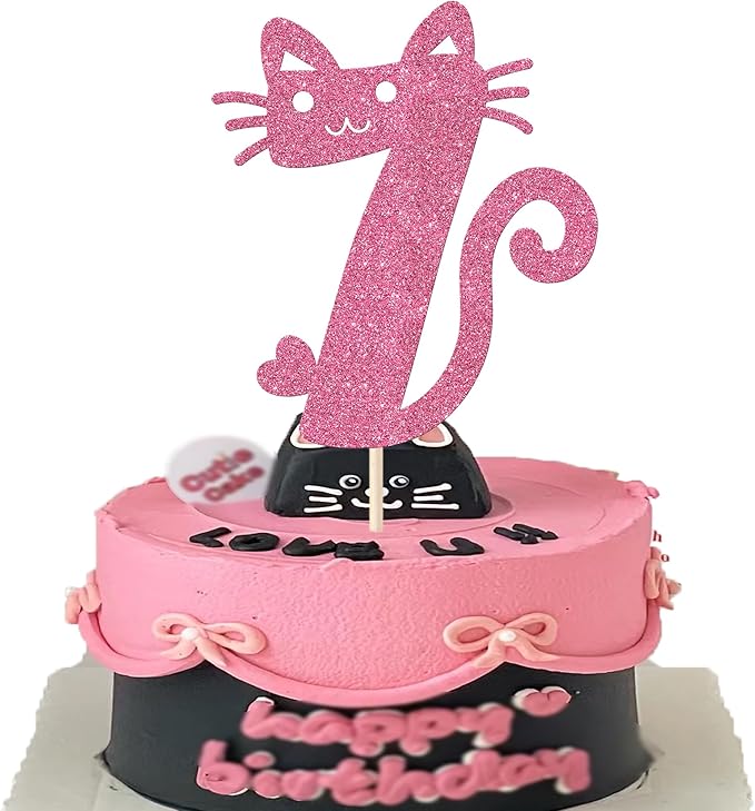 1 Pack 7th Cake Topper Glitter Cat Birthday Cake Pick Cute Pet Cat Cake Decoration for Cat Theme Baby Shower Kids Seven Birthday Wedding Party Cake Decorations Supplies Pink