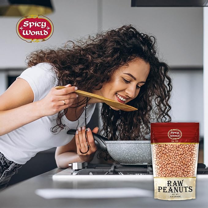 Spicy World Peanuts, Raw Whole With Skin (Uncooked, Unsalted) 4 Pound (64oz) ~ All Natural - USA Grown Red Skin Spanish Grade