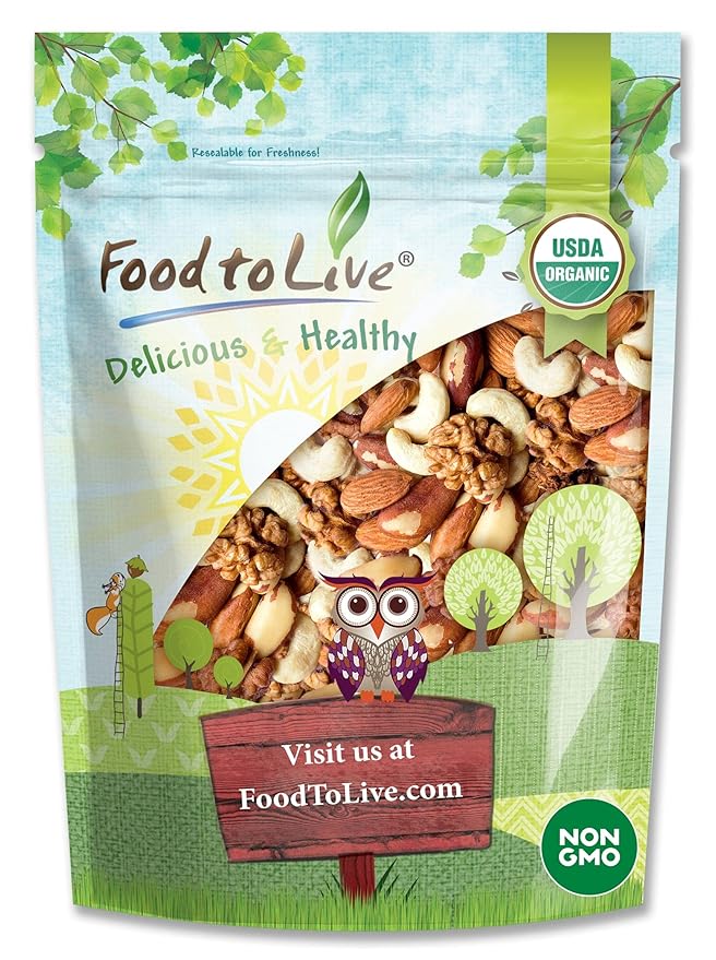 Food to Live Organic Mixed Raw Nuts, 2 Pounds ??Cashews, Brazil Nuts, Walnuts, Almonds, Non-GMO, Kosher, Vegan, Unsalted, Bulk