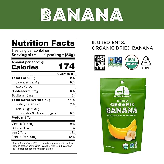 Mavuno Harvest Dried Banana Chips Fruit Snacks | Organic Dried Banana | Healthy Snacks for Kids & Adults | Unsweetened Banana Chips | Gluten Free Snack | Vegan, Non GMO, Direct Trade | 2 Oz, Pack of 6