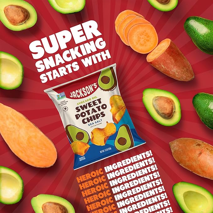 Jackson???Sweet Potato Kettle Chips with Sea Salt made with Premium Avocado Oil (1.5 oz, Pack of 10) - Allergen-friendly, Gluten Free, Peanut Free, Vegan, Paleo Friendly - Shark Tank Product