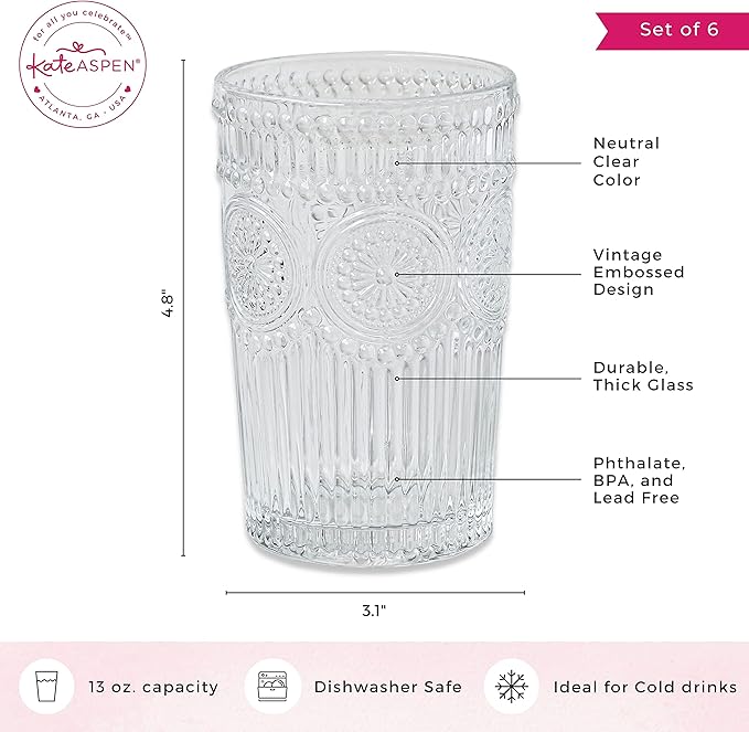Kate Aspen Vintage Textured Clear Striped Drinking Glasses Set of 6, (13 oz) Ribbed Glassware Set with Flower Design | Cocktail Set, Glass Cups, Iced Coffee Cup