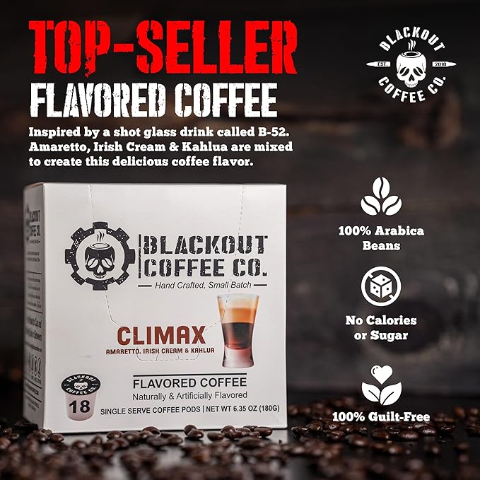 BLACKOUT COFFEE CLIMAX Amaretto, Irish Cream & Kahlua Flavored Coffee Pods ??Premium Arabica, Smooth Taste, Guilt-Free Indulgence ??18 Count Single Serve K-Cups, American Made