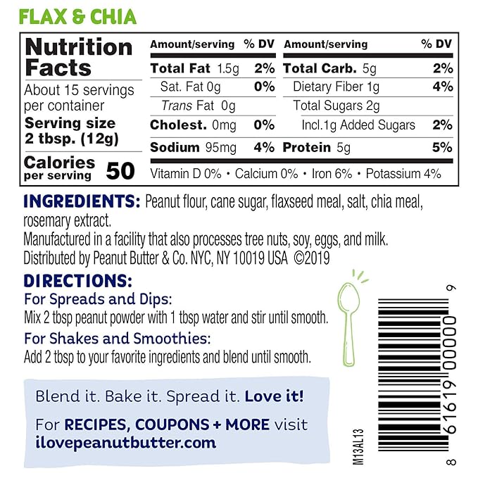 Peanut Butter & Co. Flax & Chia Peanut Powder, Non-GMO Project Verified, Gluten Free, Vegan, 6.5 Ounce Jars (Pack of 6)