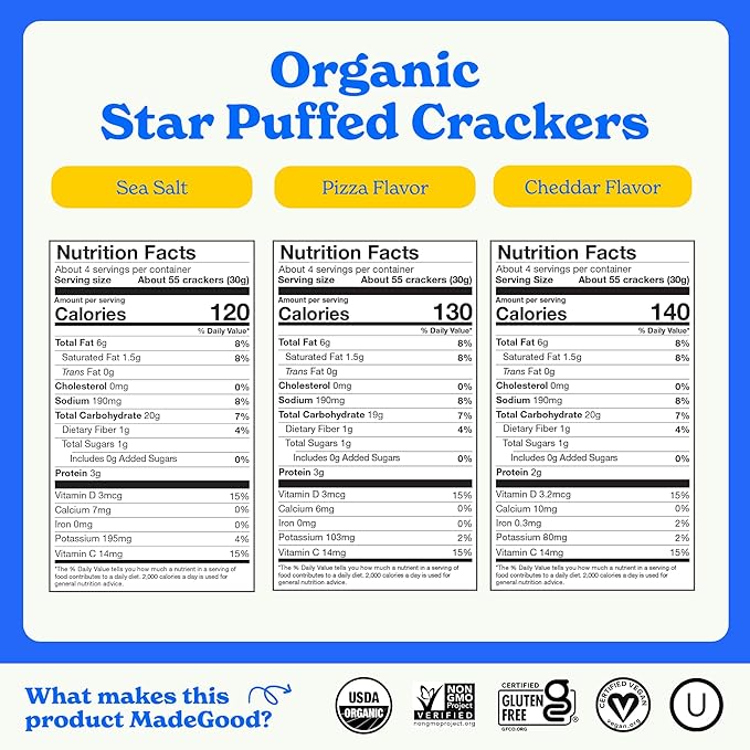 MadeGood Star Puffed Crackers Variety Pack - Sea Salt, Cheddar, and Pizza (6 Bags - 4.26 Oz Each) Gluten Free and Organic, Healthy Snacks